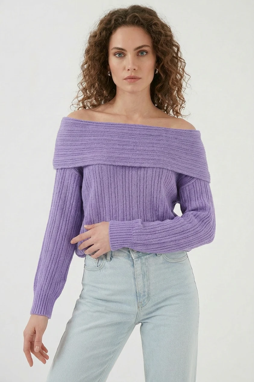 Kadın Kayık Yaka Açık Omuz Oversize Triko Lila Kazak