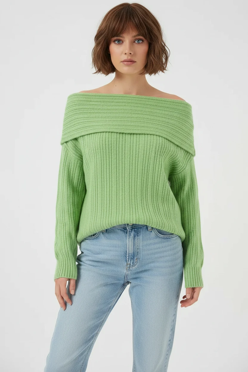 Kadın Oversize Açık Omuz Triko Yeşil Kazak