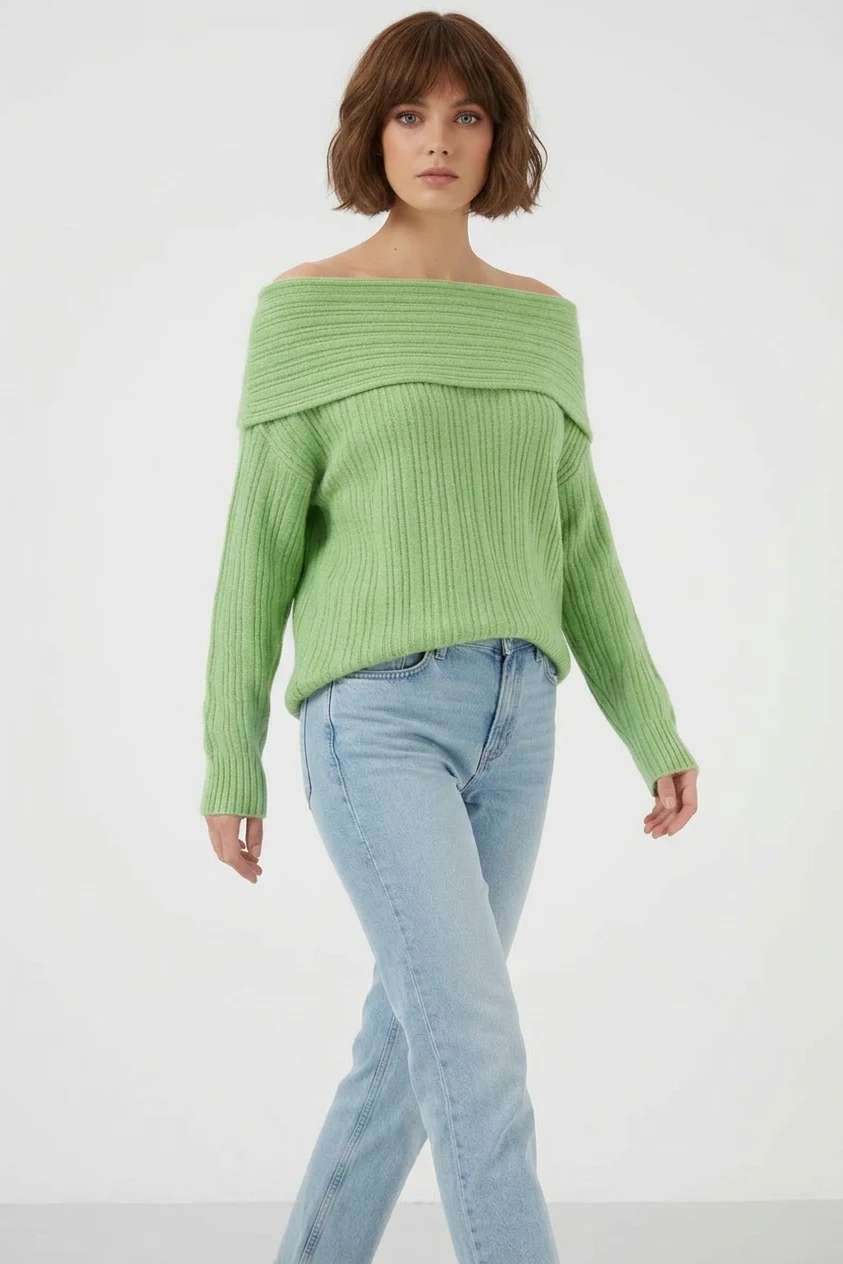 Kadın Oversize Açık Omuz Triko Yeşil Kazak
