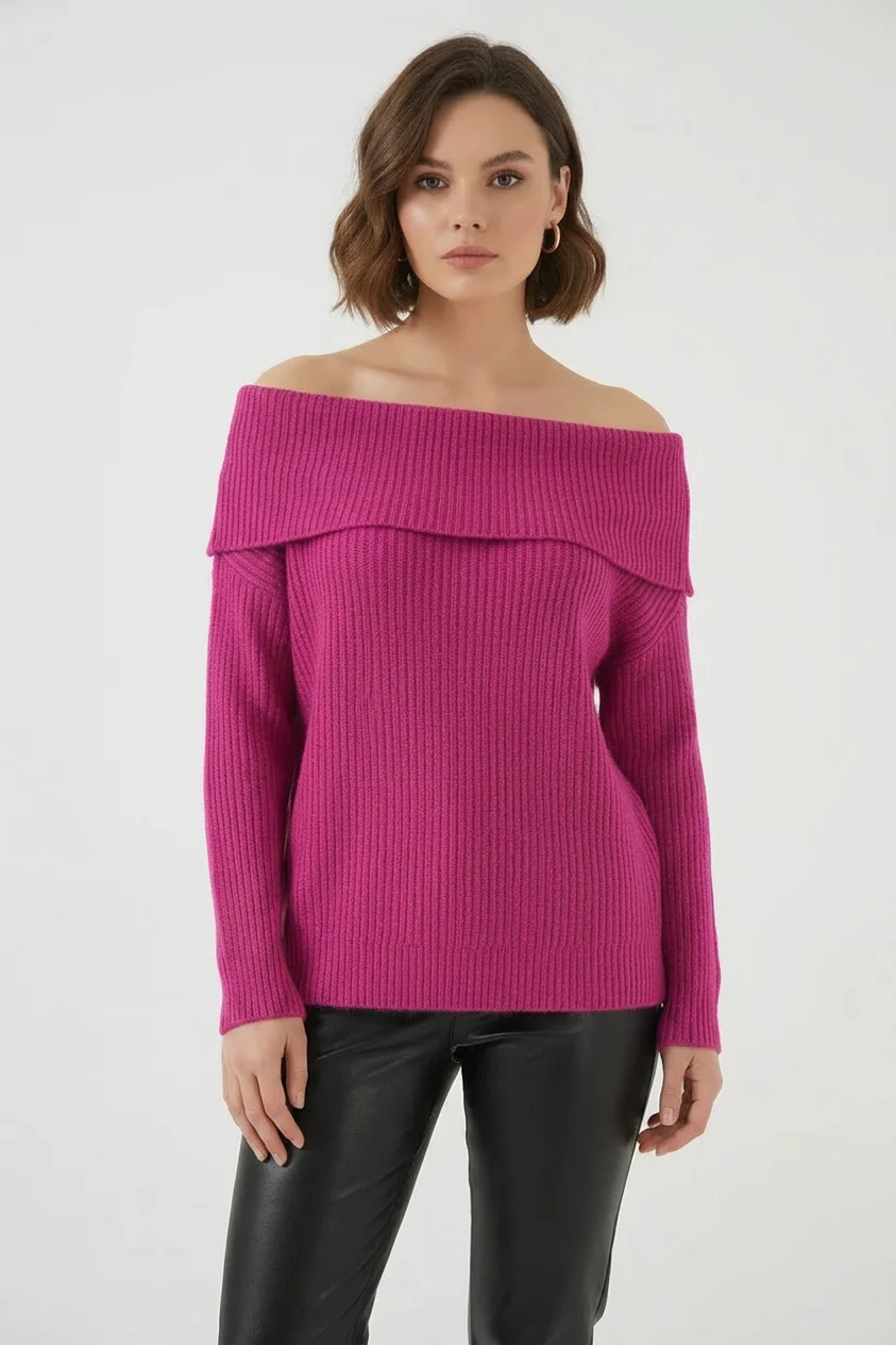 Kadın Kayık Yaka Açık Omuz Oversize Triko Koyu Pembe Kazak