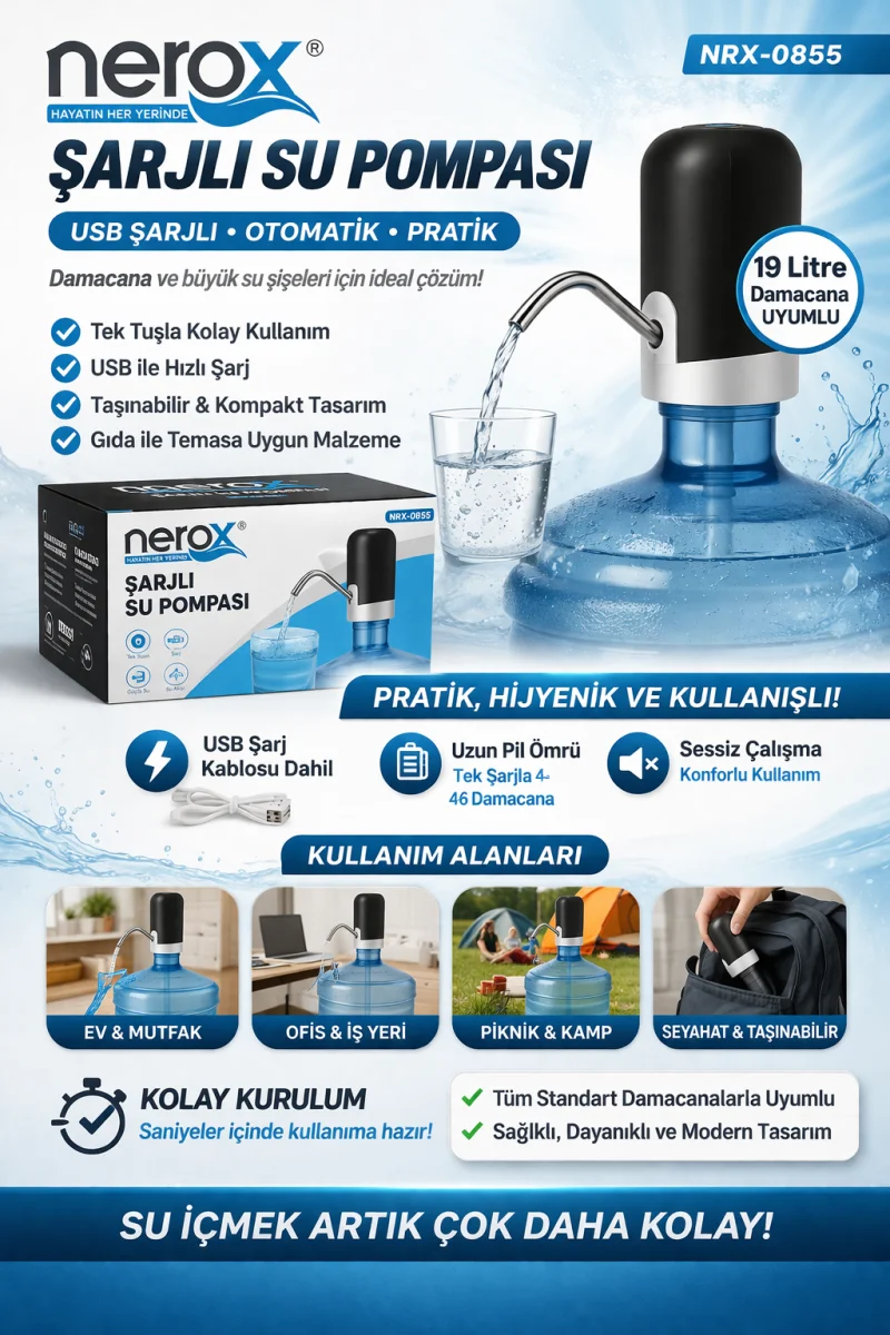 Nerox Şarjlı Su Pompası NRX-0855 USB Şarjlı Damacana Su Pompası Otomatik Su Sebili Aparatı