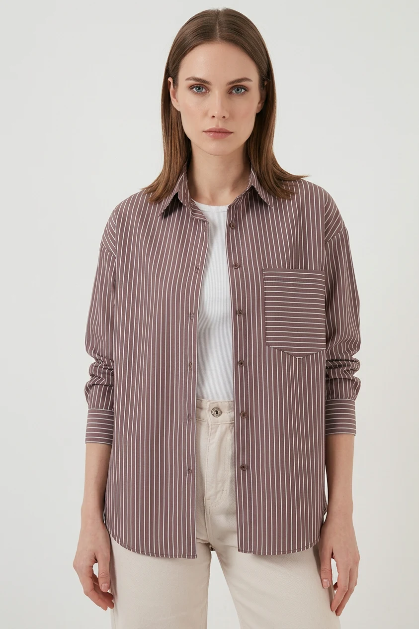 Kadın Oversize Tek Cepli Çizgili Pamuklu Kahverengi Gömlek