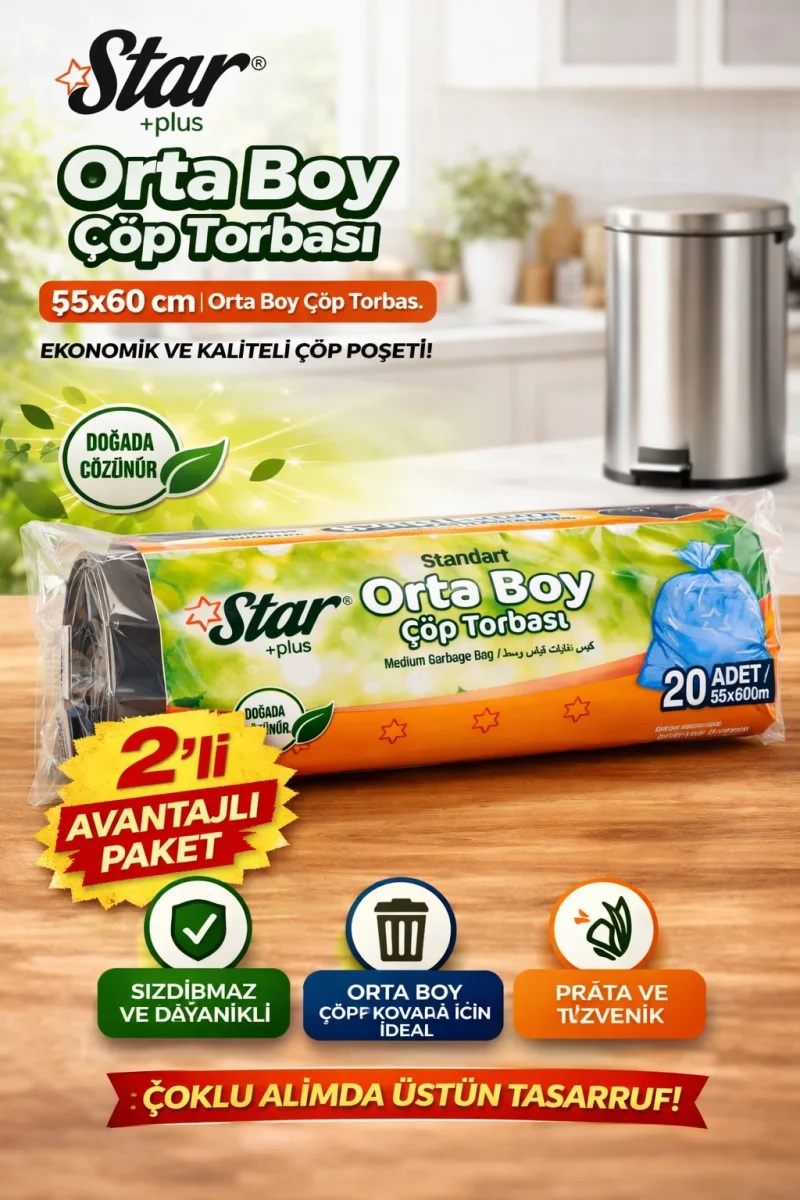 Star Plus Orta Boy Çöp Torbası 20'li 2 Paket 55x60 cm Dayanıklı Sızdırmaz Orta Boy Çöp Poşeti