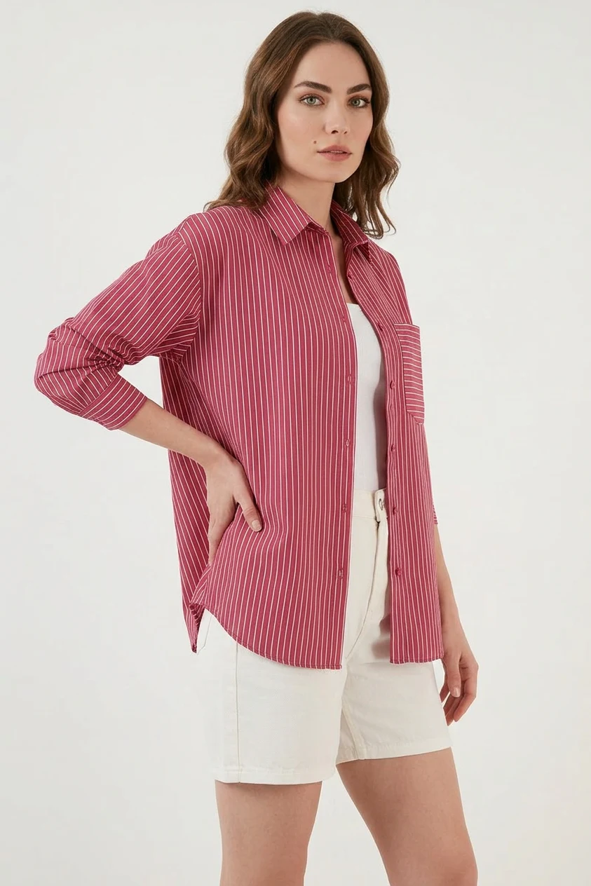 Kadın Oversize Tek Cepli Çizgili Pamuklu Kırmızı Gömlek