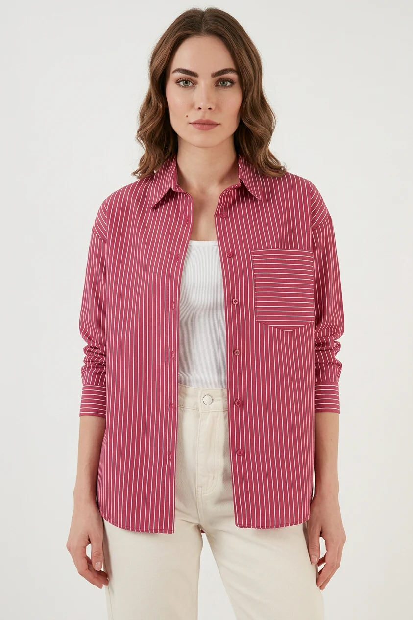 Kadın Oversize Tek Cepli Çizgili Pamuklu Kırmızı Gömlek