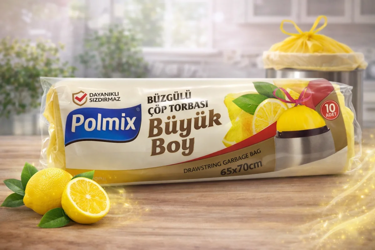 Polmix Limon Kokulu Büzgülü Büyük Boy Çöp Torbası 65x70 cm 10'lu 1 Paket Dayanıklı Sızdırmaz Çöp Poşeti