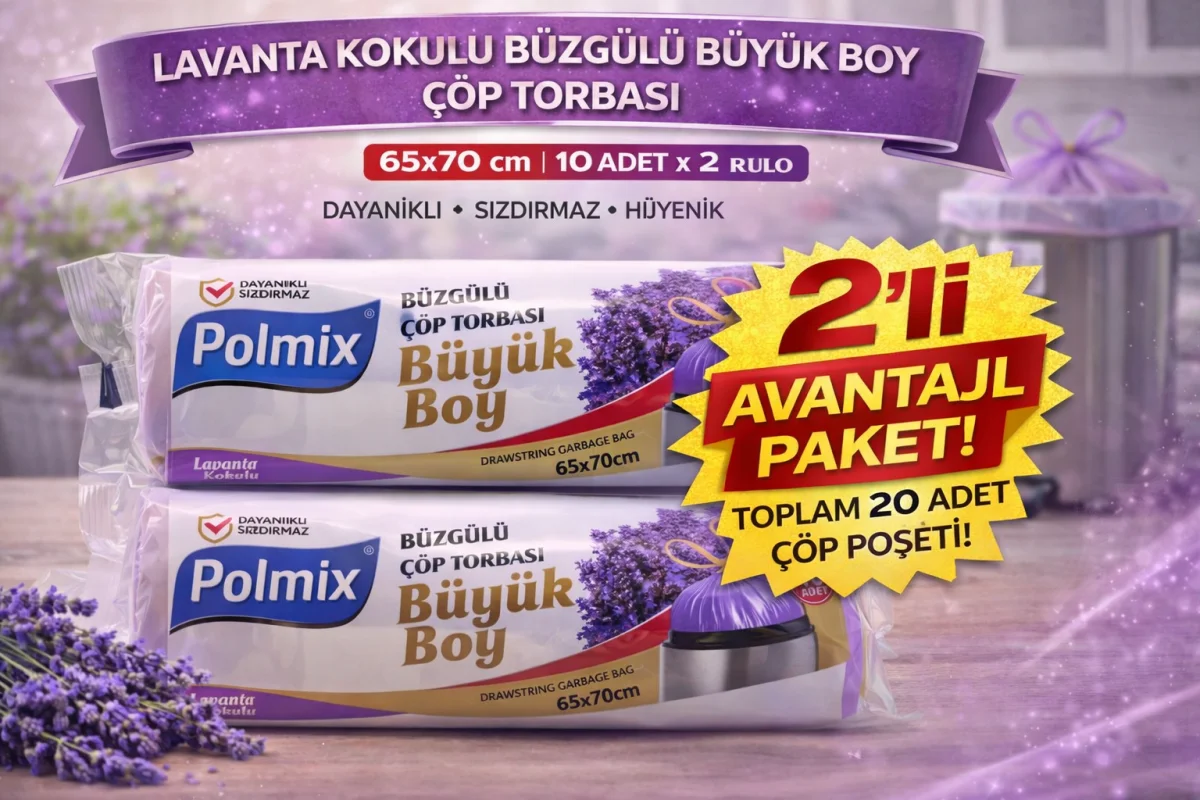 Polmix Lavanta Kokulu Büzgülü Çöp Torbası Büyük Boy 65x70 cm 10'lu 2 Paket Dayanıklı Sızdırmaz Çöp Poşeti