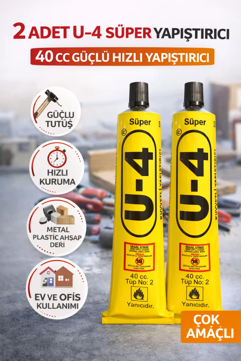 2 Adet U-4 Süper Yapıştırıcı 40 CC Güçlü Hızlı Yapıştırıcı Çok Amaçlı Metal Plastik Ahşap Deri Yapıştırıcı