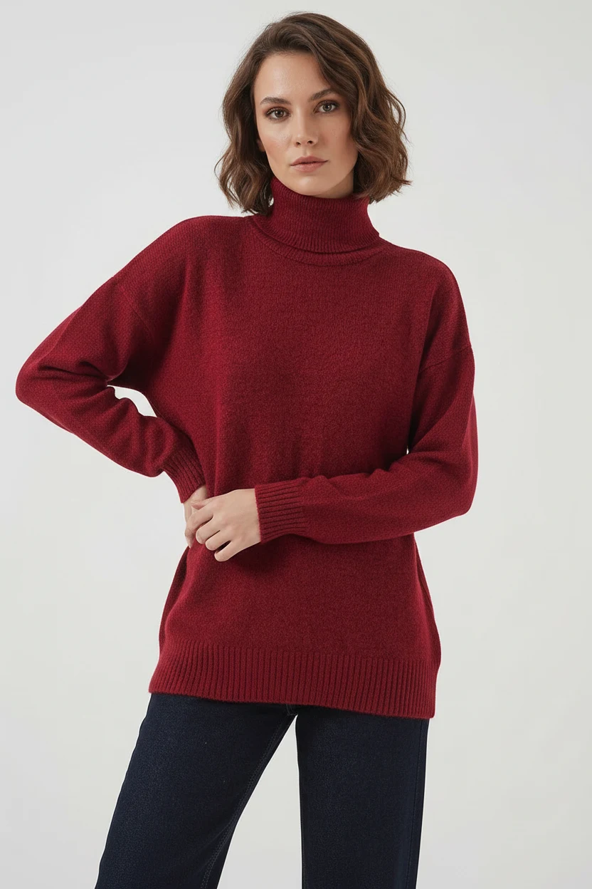 Kadın Balıkçı Yaka Oversize Kesim Triko Kırmızı Kazak