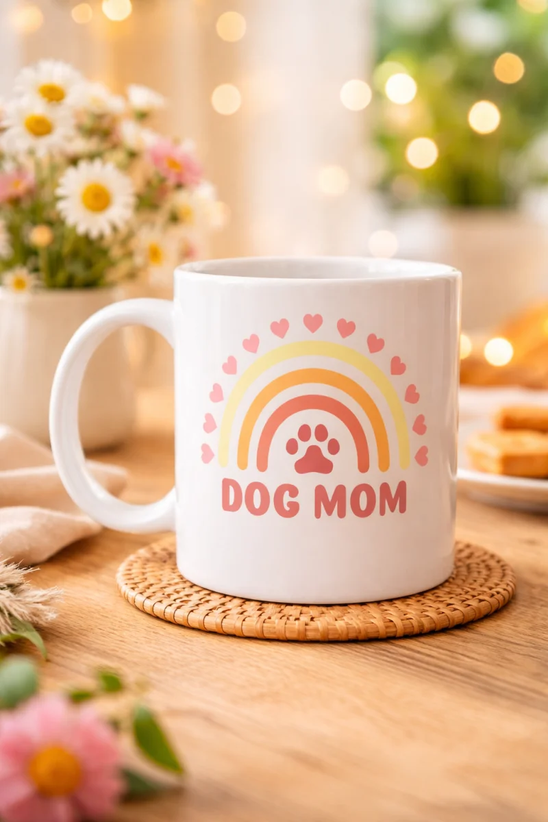 Dog Mom Baskılı Porselen Kupa MODEL 186 – Köpek Annesi Temalı Sevimli Kahve Kupası – Köpek Severlere Hediye – Sevimli Pati ve Gökkuşağı Tasarımlı Kupa