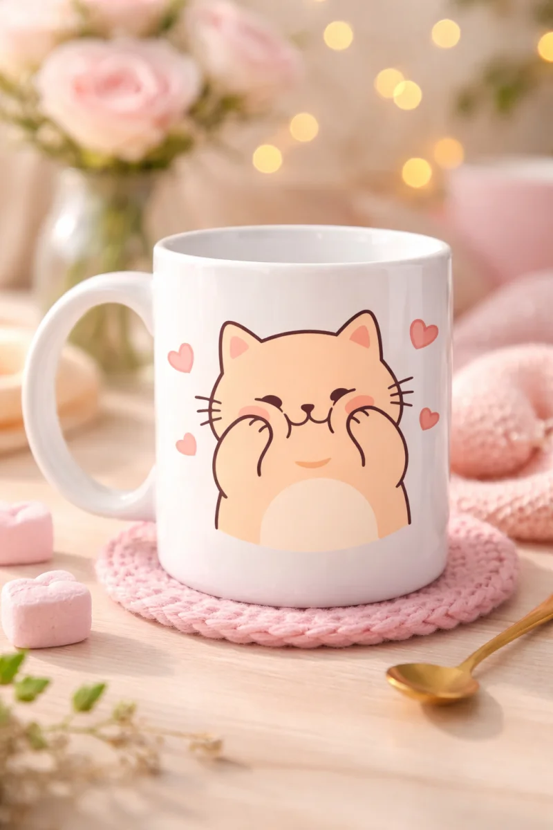 Sevimli Kedi Tasarımlı Porselen Kupa MODEL 193 – Kalpli Cute Cat Baskılı Kahve Kupası – Sevgiliye Hediye Sevimli Kupa