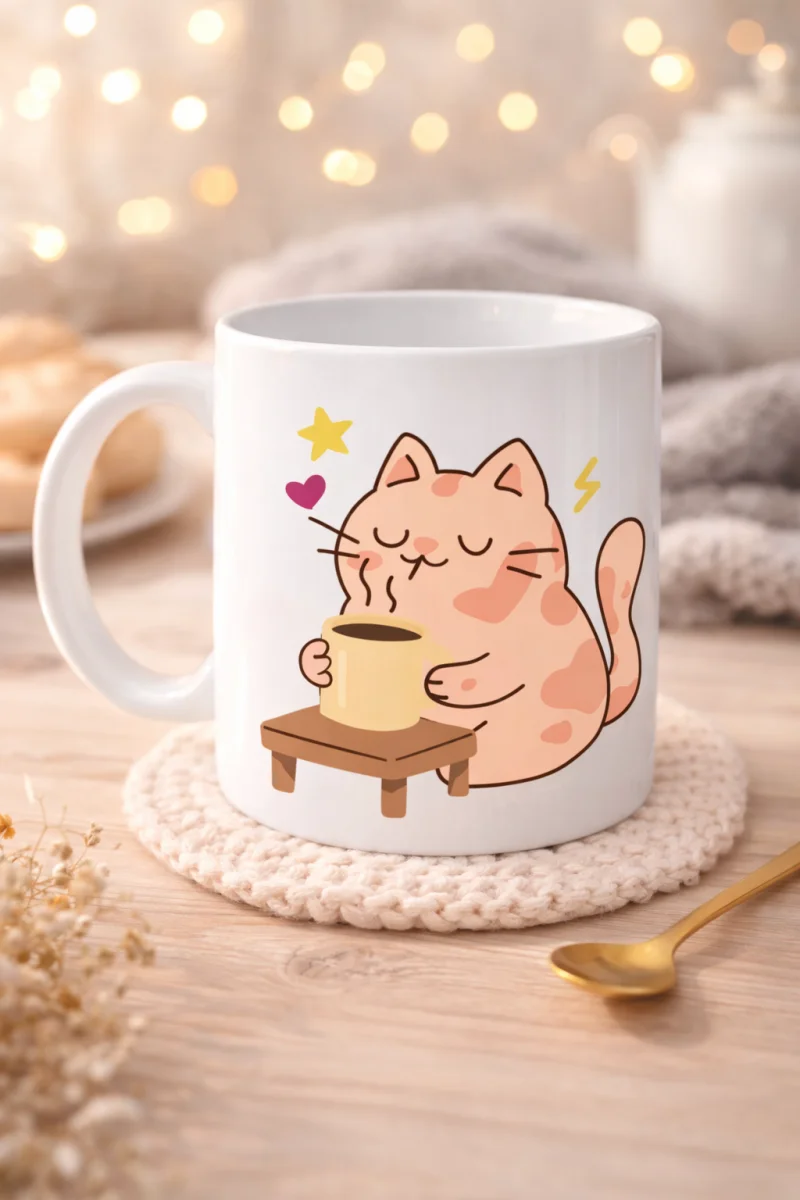 Sevimli Kedi Tasarımlı Porselen Kupa MODEL 196 – Kahve İçen Kedi Baskılı Porselen Kahve Kupası – Kedi Severlere Hediyelik Porselen Kupa Bardak 330 ml