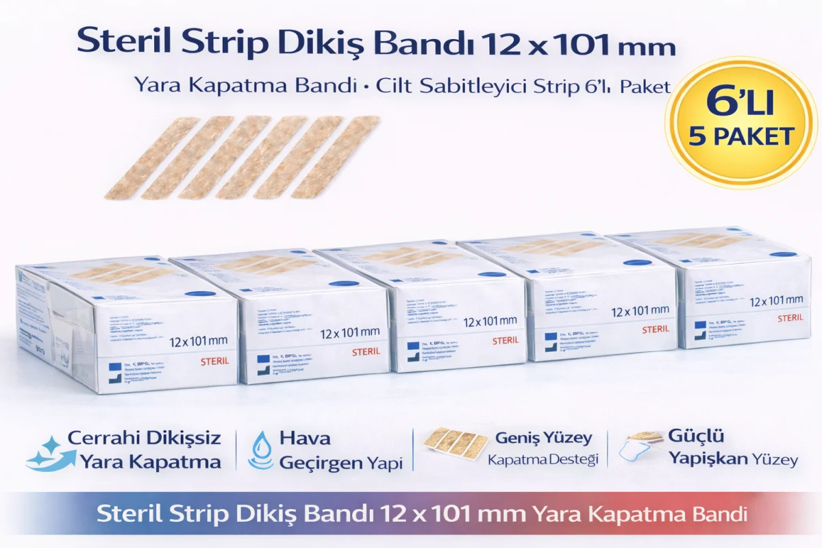 Steril Strip Dikiş Bandı 12 x 101 mm Yara Kapatma Bandı Cilt Sabitleyici Strip 6’lı 5 Paket