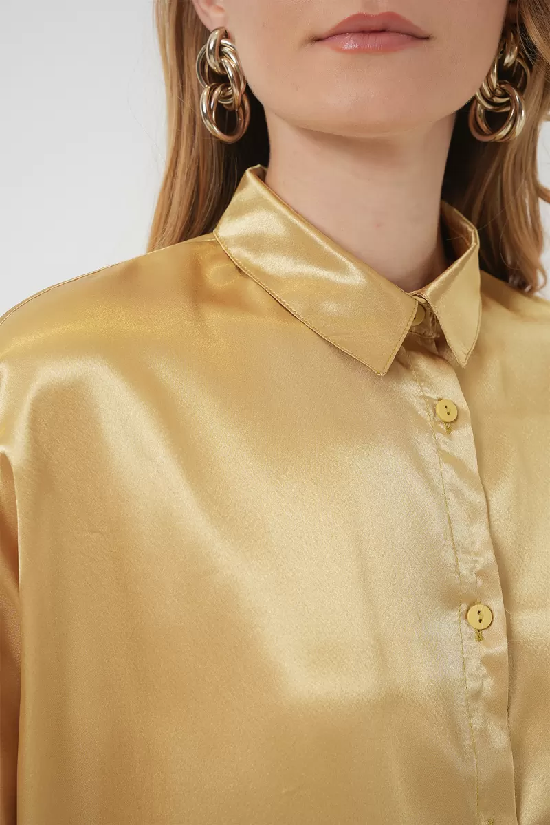 Kadın Oversize Saten Altın Sarısı Gömlek