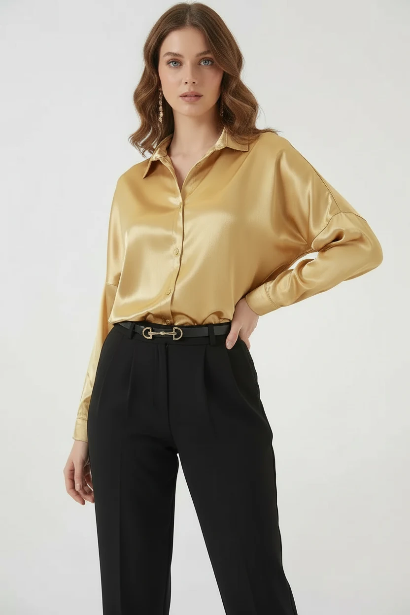 Kadın Oversize Saten Altın Sarısı Gömlek