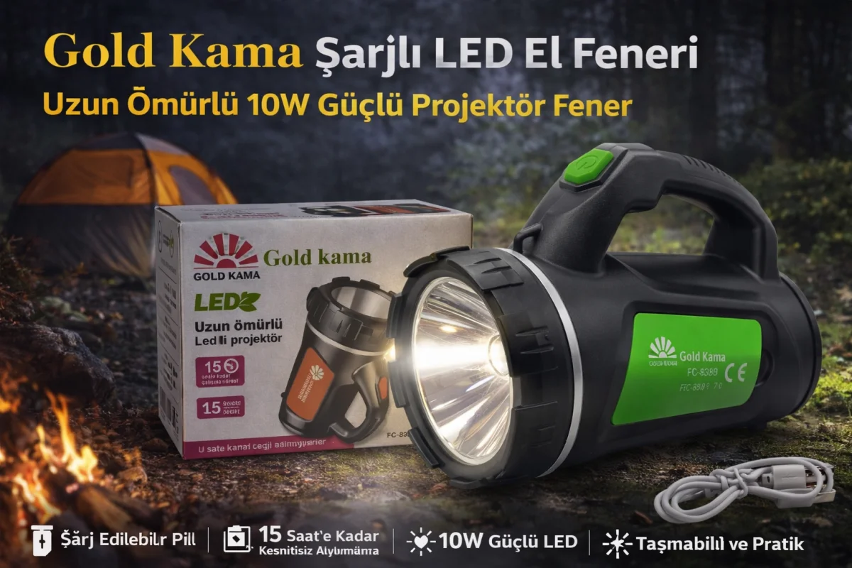 Gold  LED Şarjlı El Feneri FC-838B 10W Uzun Ömürlü Taşınabilir Projektör Fener