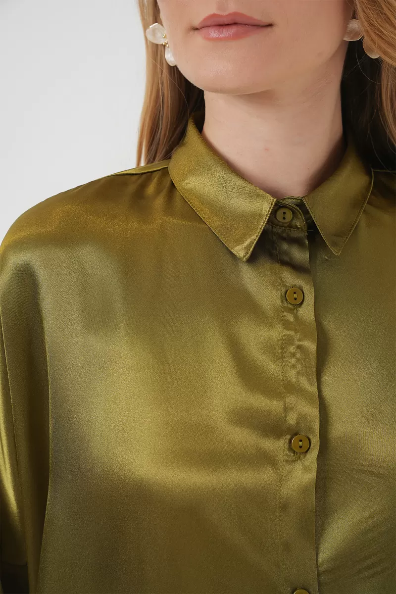 Kadın Oversize Kesim Saten Haki Gömlek