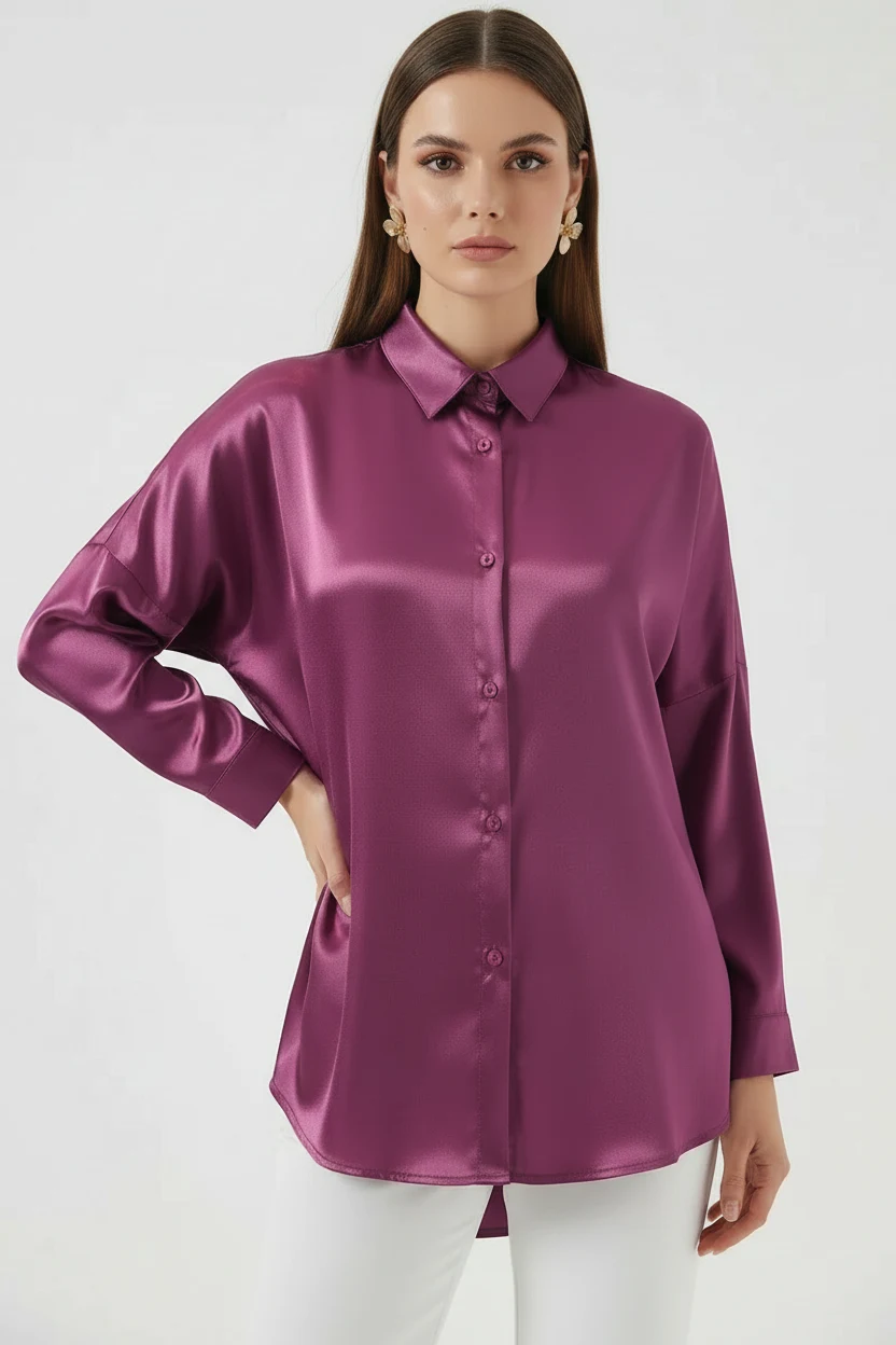 Kadın Oversize Kesim Saten Koyu Lila Gömlek