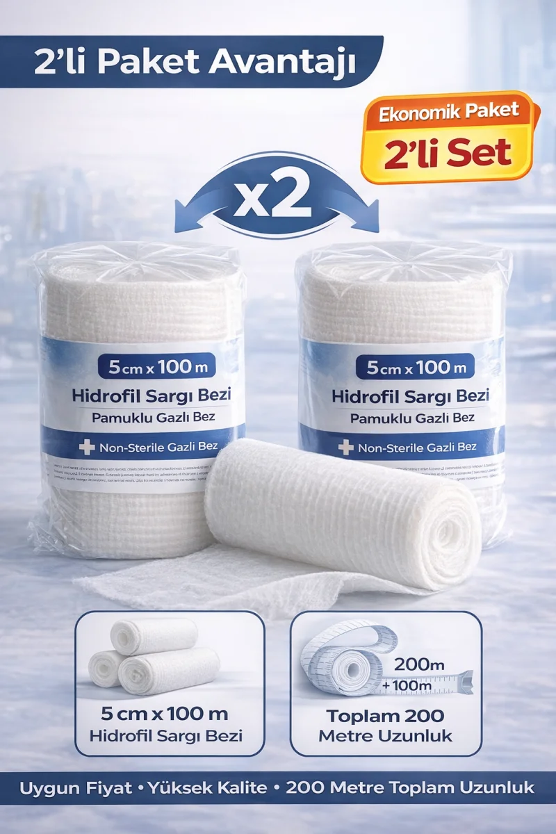 5 cm x 100 m Hidrofil Sargı Bezi Pamuklu Gazlı Bez Yüksek Emici Medikal Sargı Bezi 2 Adet