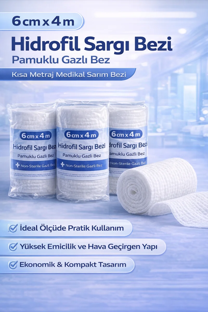 6 cm x 4 m Hidrofil Sargı Bezi Pamuklu Gazlı Bez Kısa Metraj Medikal Sarım Bezi 20 Adet