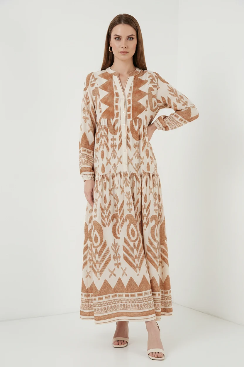 Kadın Hakim Yaka Beli Büzgülü Otantik Desenli Viskon Hardal Tesettür Elbise