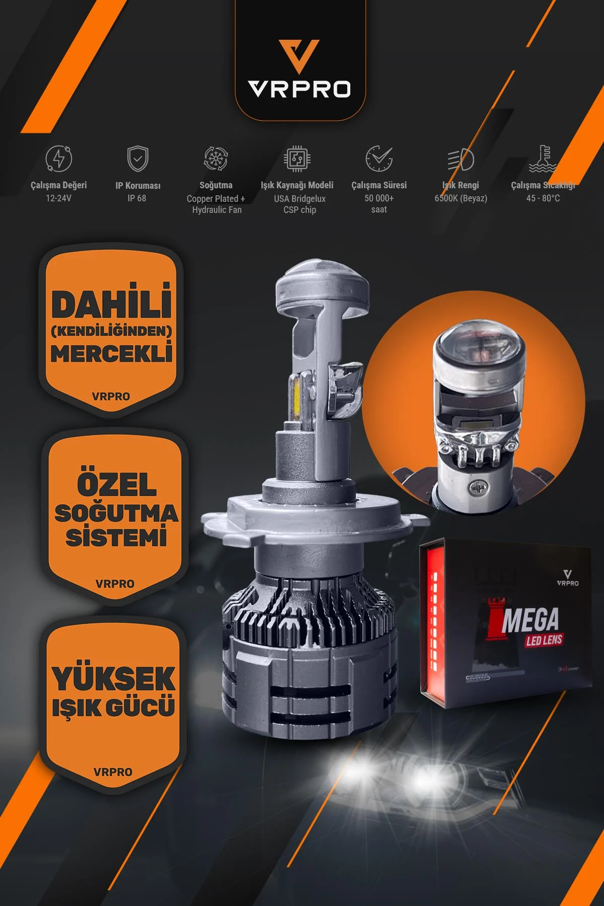 Mega Mercekli H7 LED Far Ampulü 75W 20000 Lümen 12V Fanlı VR Pro H7 Led Xenon Beyaz Işık