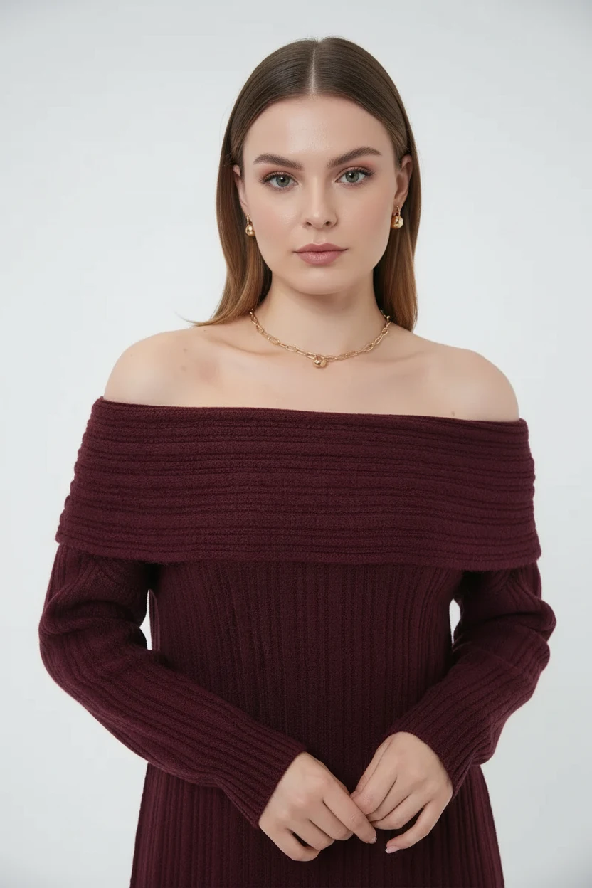Kadın Madonna Yaka Oversize Triko Bordo Elbise