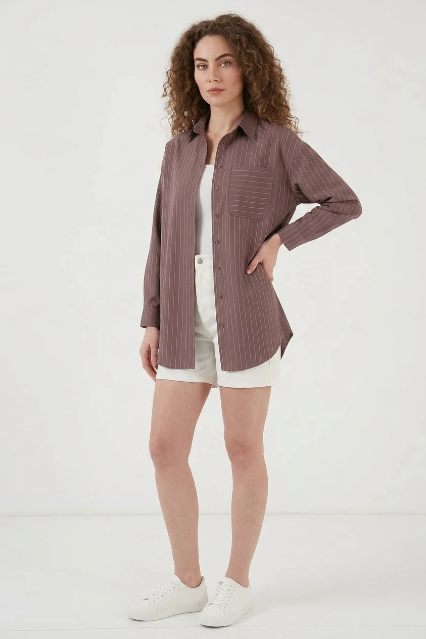 Kadın Oversize Çizgili Pamuklu Kahverengi Gömlek