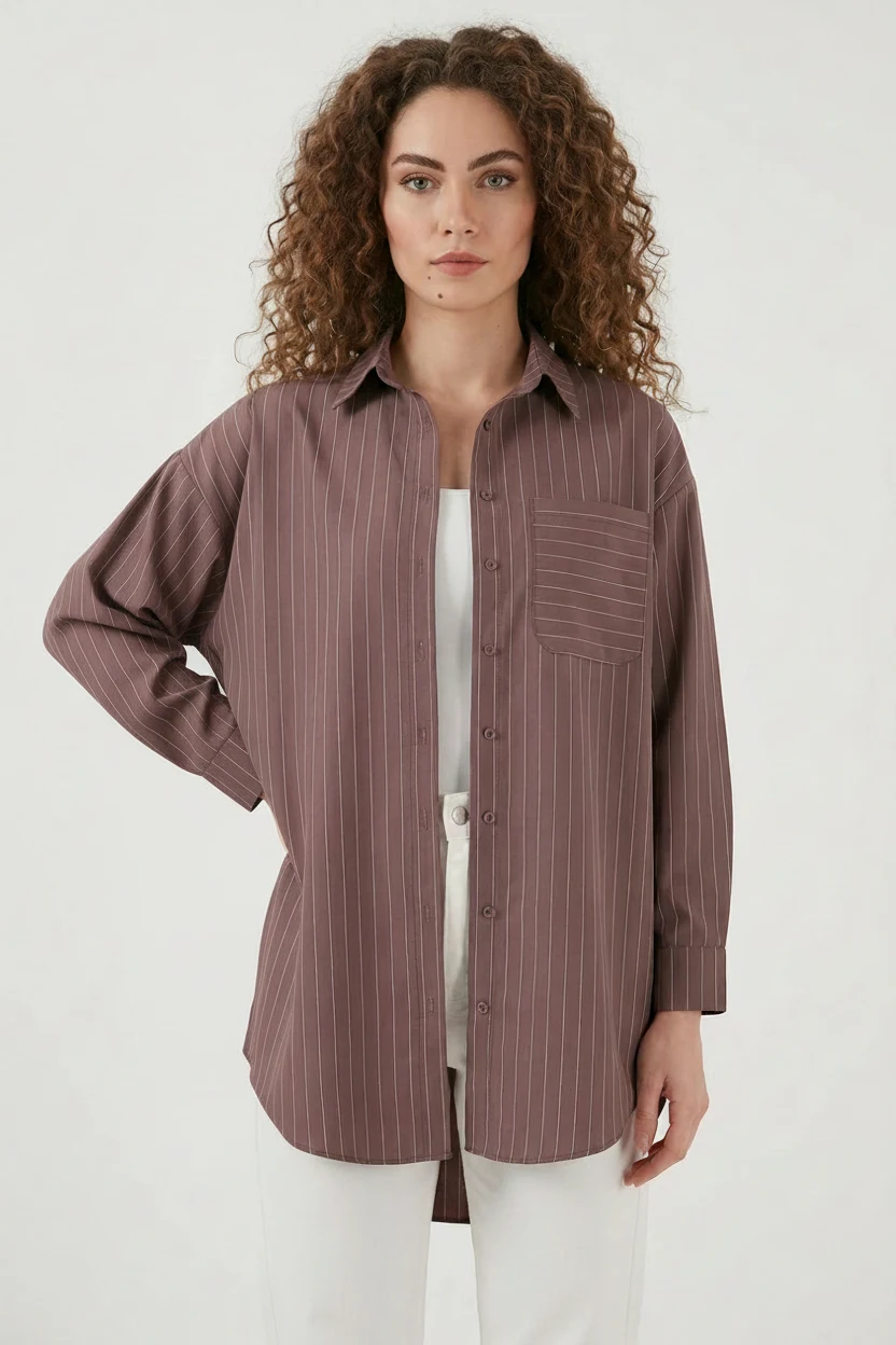 Kadın Oversize Çizgili Pamuklu Kahverengi Gömlek