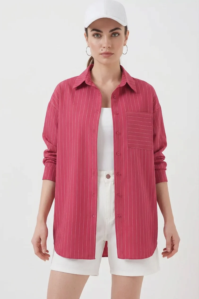 Kadın Oversize Çizgili Pamuklu Kırmızı Gömlek