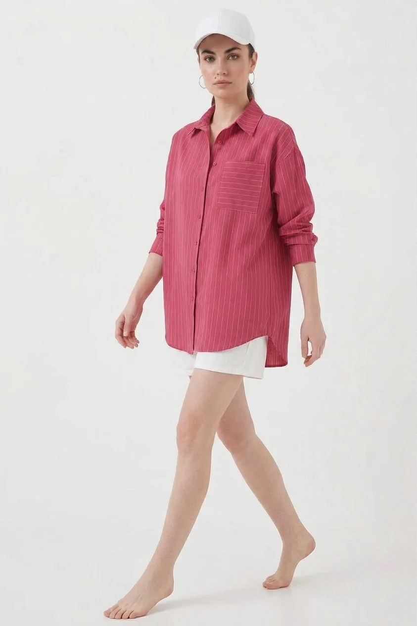 Kadın Oversize Çizgili Pamuklu Kırmızı Gömlek