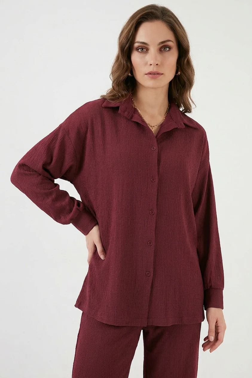 Kadın Gömlek Yaka Düğmeli Oversize Bordo İkili Takım
