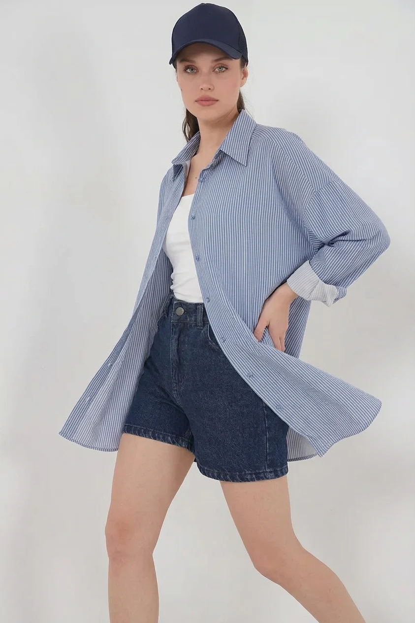 Kadın Oversize Çizgili Viskon İndigo Gömlek