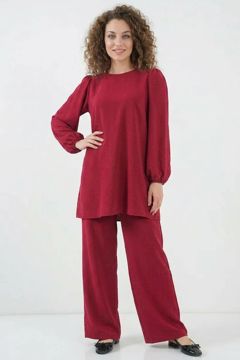 Kadın Yuvarlak Yaka Balon Kol Bordo Tunik Pantolon Alt Üst Takım