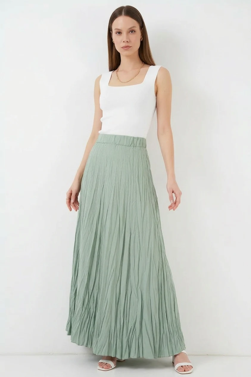 Kadın Kırışık Desenli Çağla Yeşili Etek