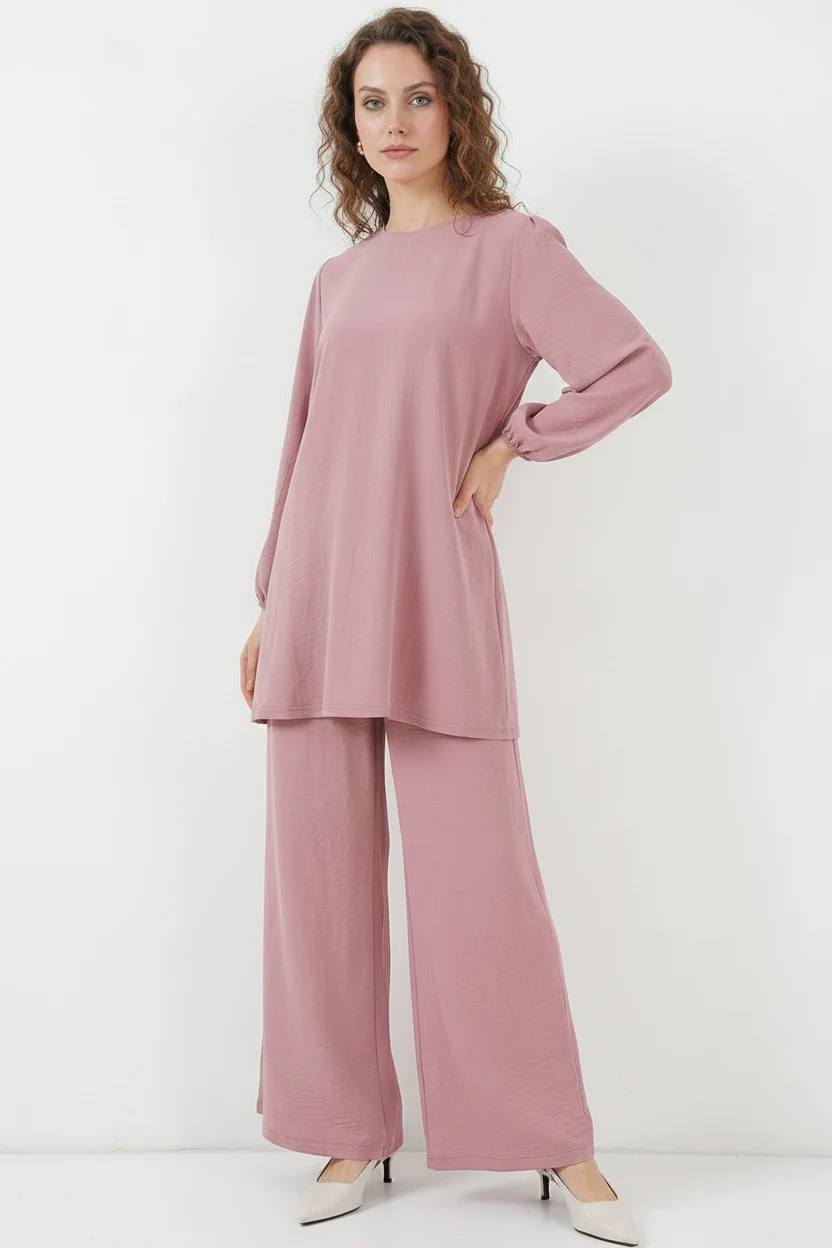 Kadın Yuvarlak Yaka Beli Büzgülü Pudra Tunik Pantolon Alt Üst Takım