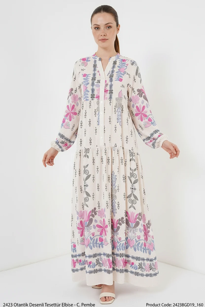 Kadın Gömlek Yaka Beli Büzgülü Uzun Kol Çiçek Desenli Viskon C. Pembe Tesettür Elbise