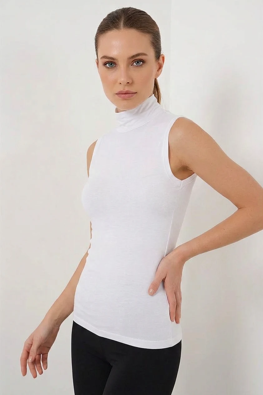 Kadın Balıkçı Yaka Kolsuz Viskon Beyaz Body