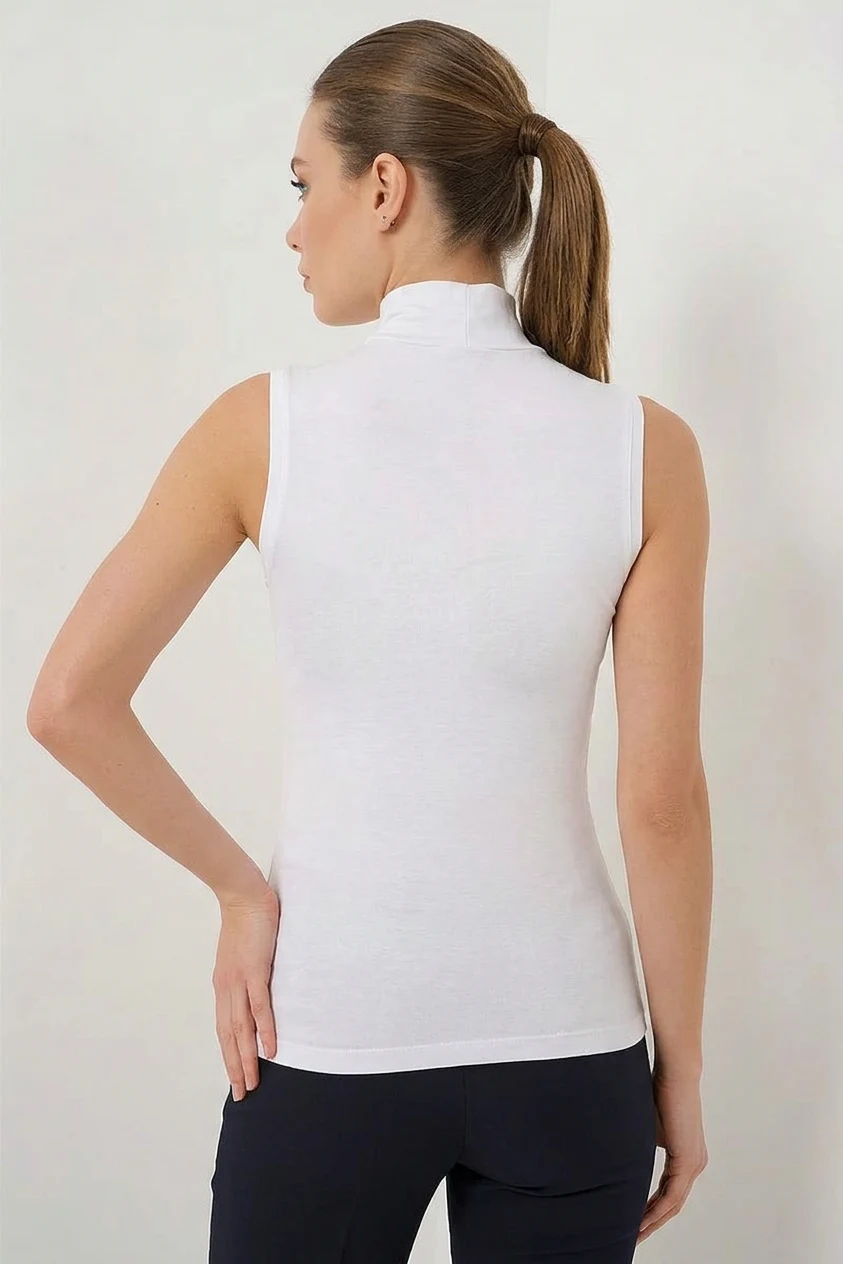 Kadın Balıkçı Yaka Kolsuz Viskon Beyaz Body