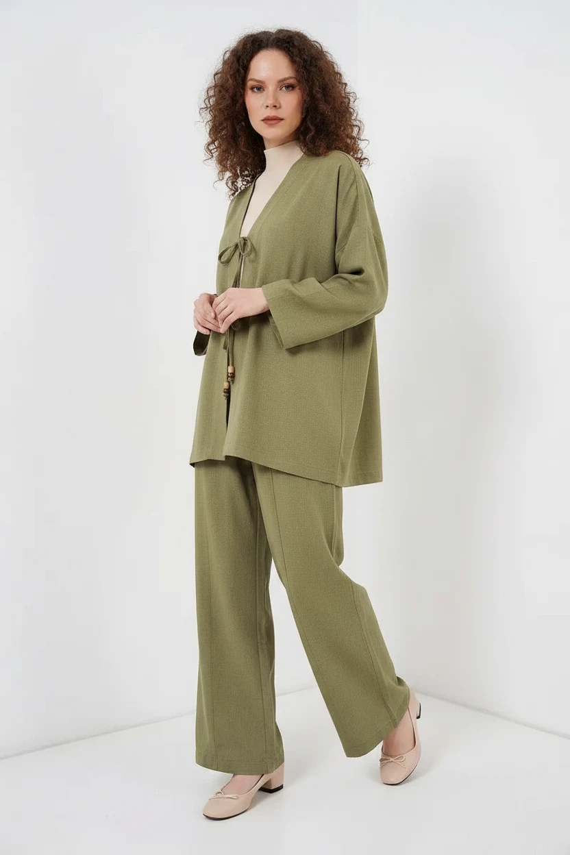 Kadın Kimono Yaka Viskon Çağla Yeşili İkili Takım