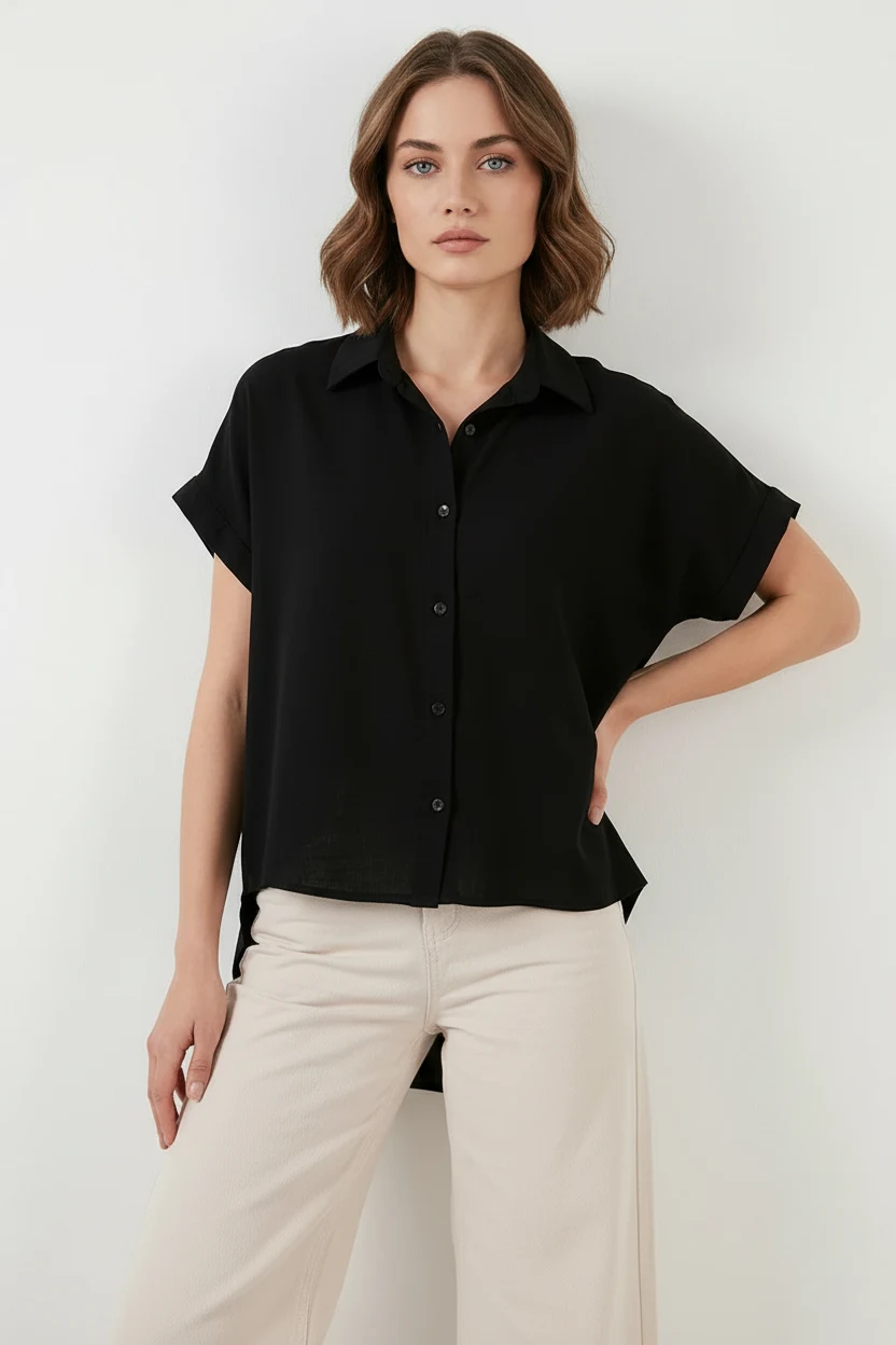 Kadın Kısa Kol Oversize Siyah Gömlek