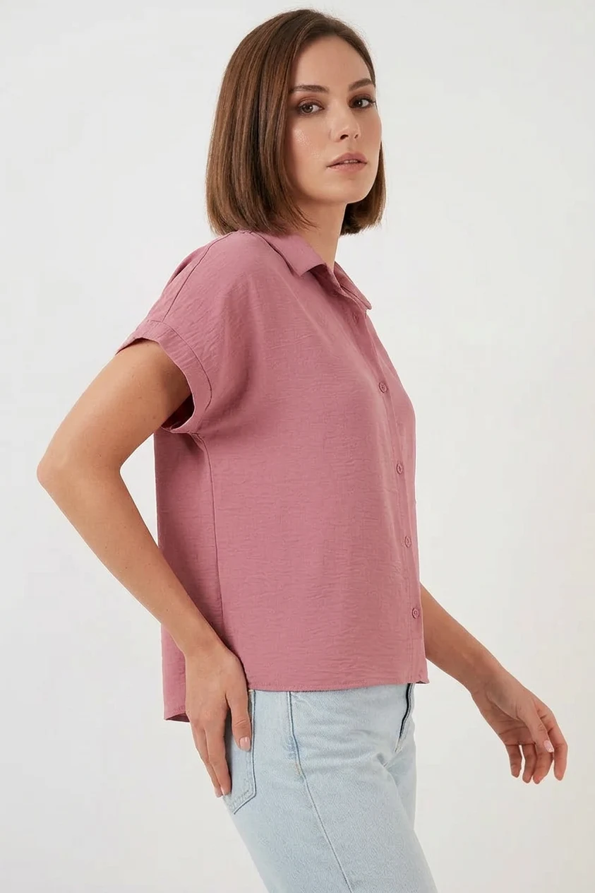Kadın Kısa Kol Oversize Pembe Gömlek