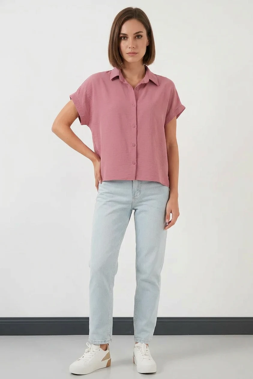 Kadın Kısa Kol Oversize Pembe Gömlek