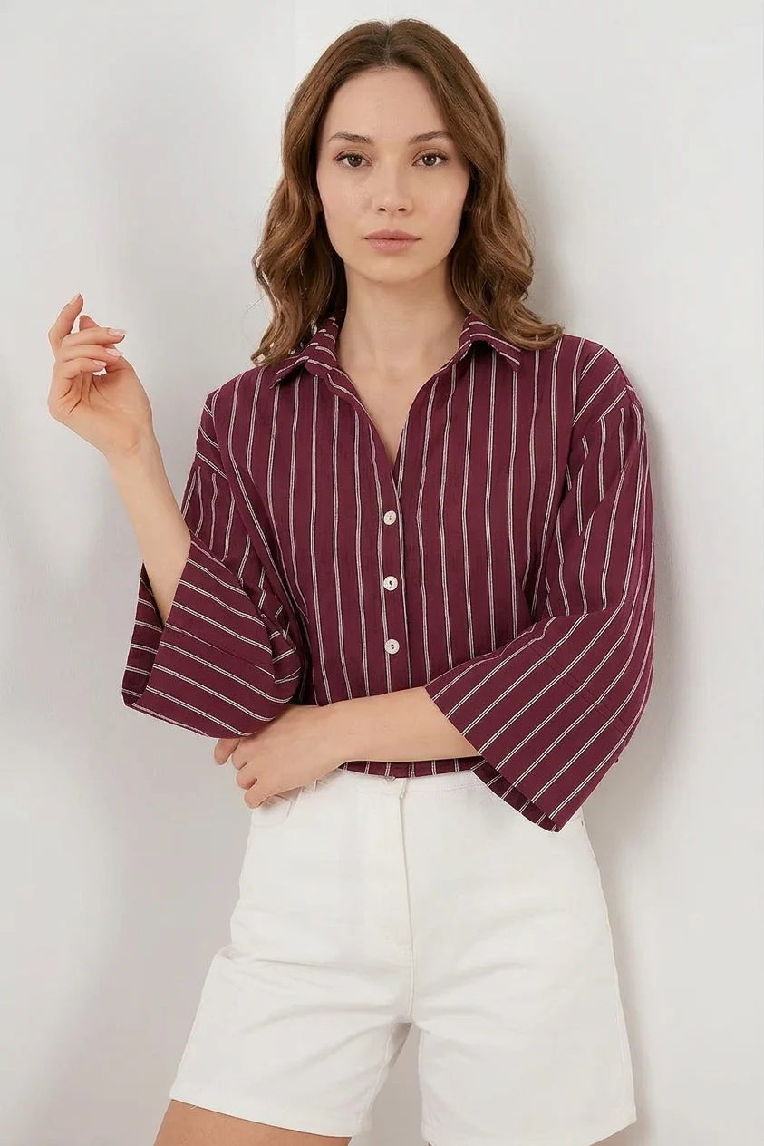 Kadın Oversize Çizgili Viskon Bordo Gömlek