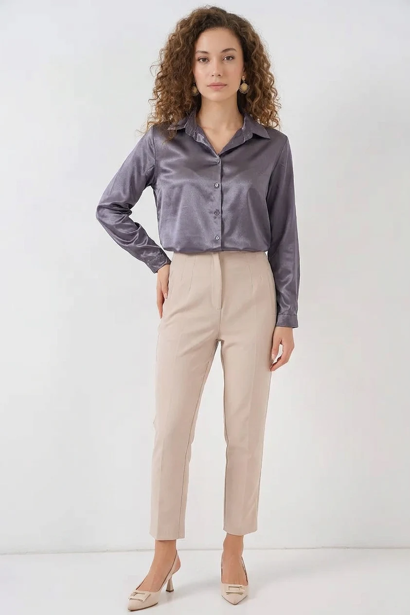 Kadın Dökümlü Saten Antrasit Gömlek