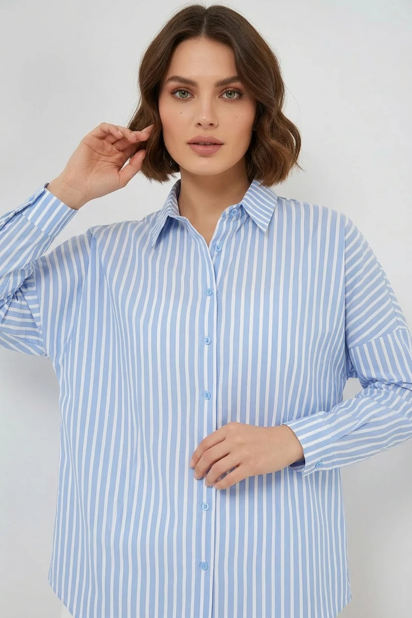 Kadın Oversize Çizgili Pamuklu Mavi Gömlek