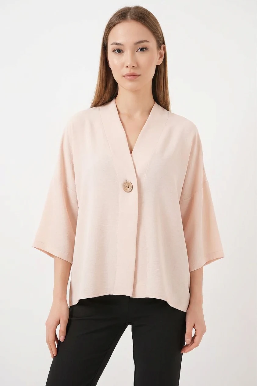 Kadın V Yaka Kısa Kol Oversize Krem Kimono