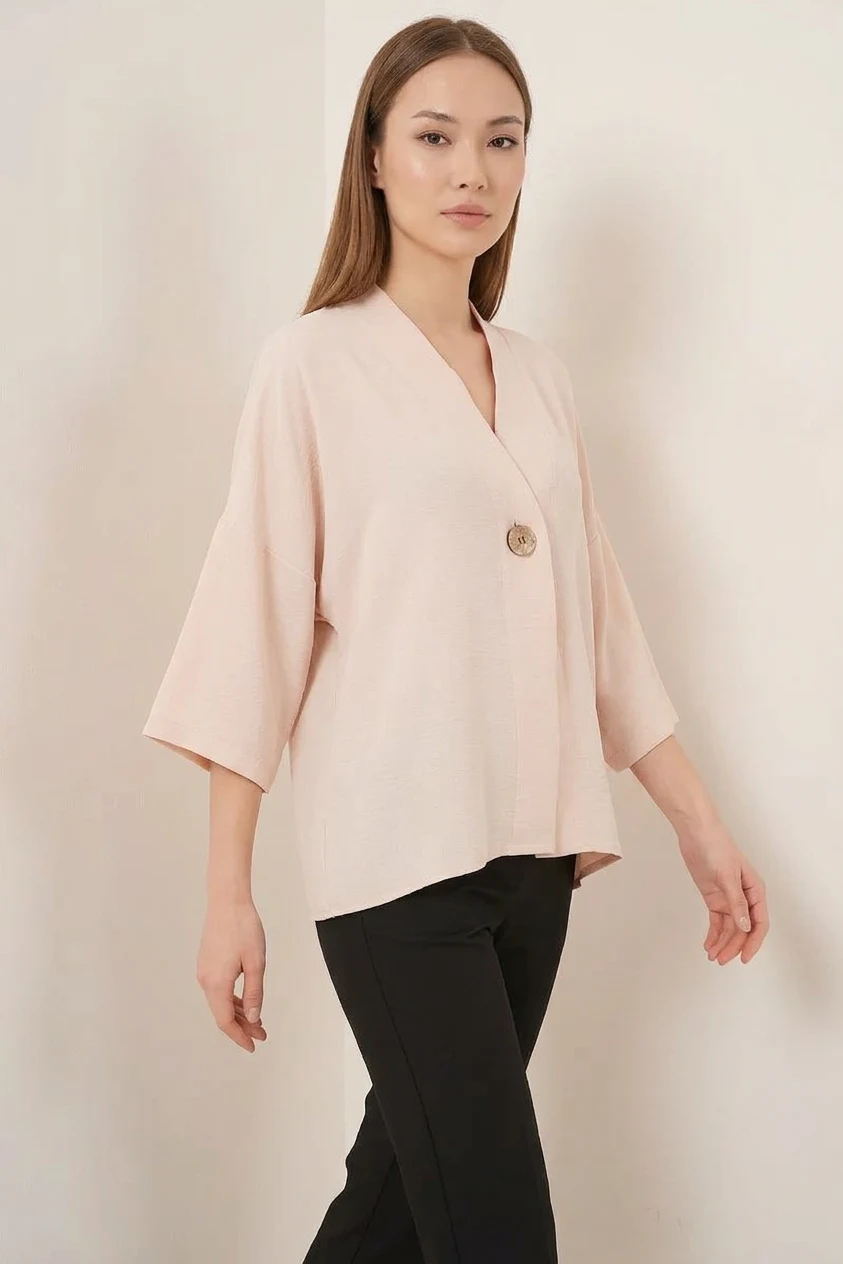 Kadın V Yaka Kısa Kol Oversize Krem Kimono