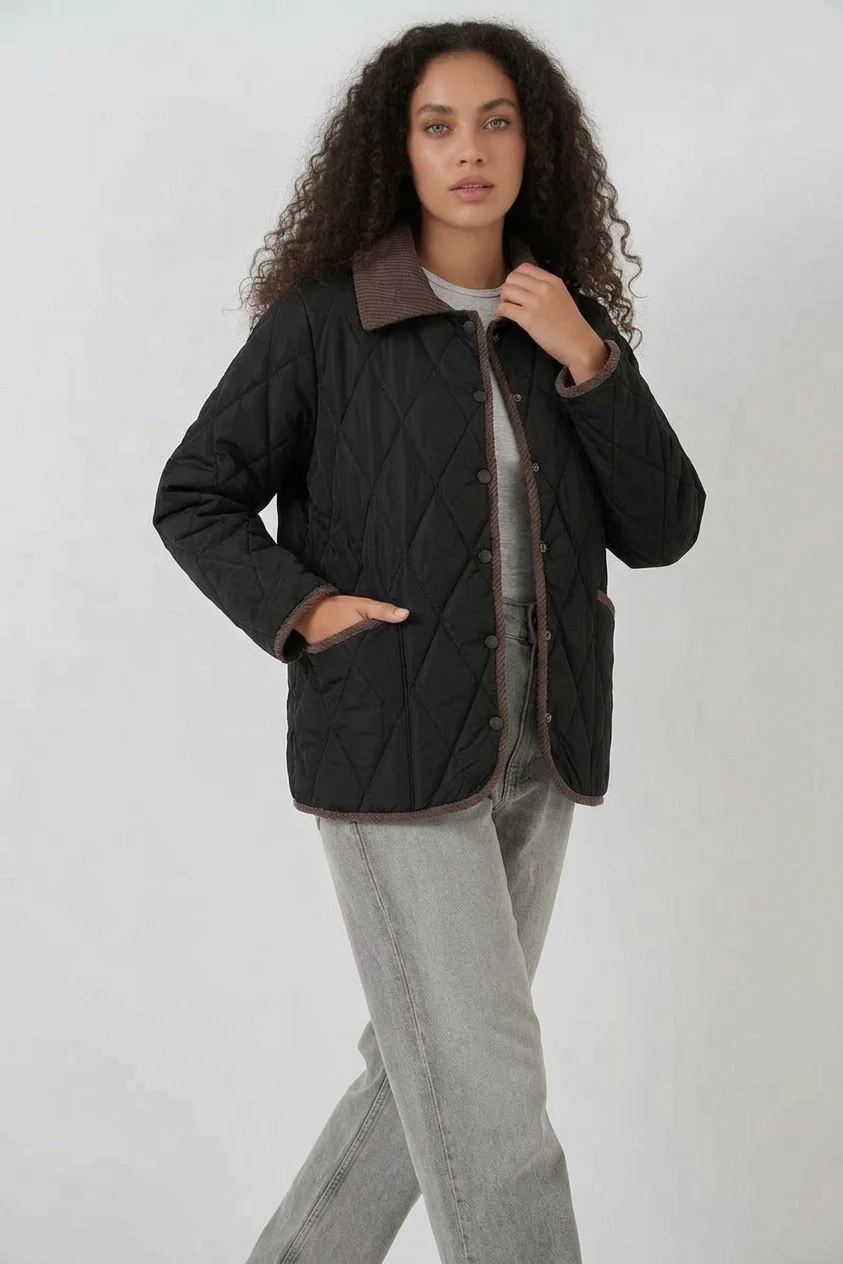Kadın Klasik Yaka Oversize Kapitone Çift Renk Siyah Mont