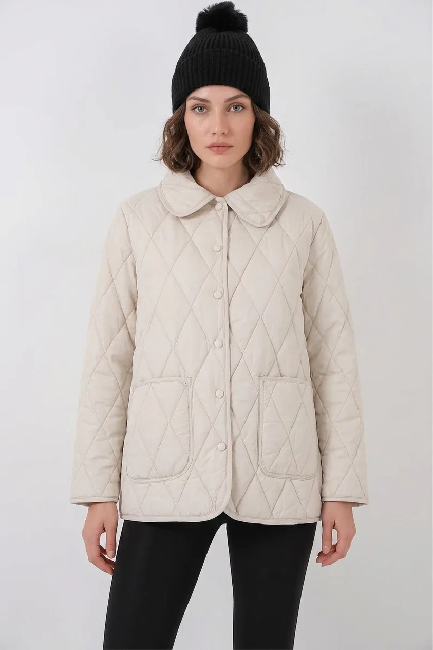 Kadın Gömlek Yaka Kapitone Çift Renk Oversize Ekru Mont